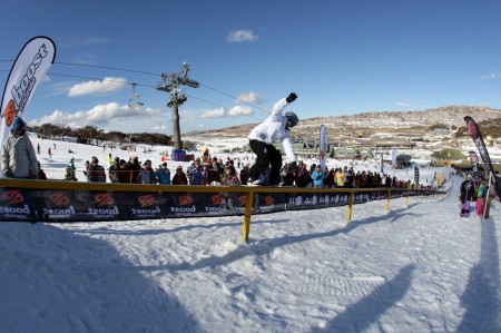 Winter Olympian Ben Mates slides down the world’s longest rail at the Boost Mobile SnoSho wild card event ahead of tomorrow night’s final against some of the world’s best snowboarders. Photographer Johnny McCormack